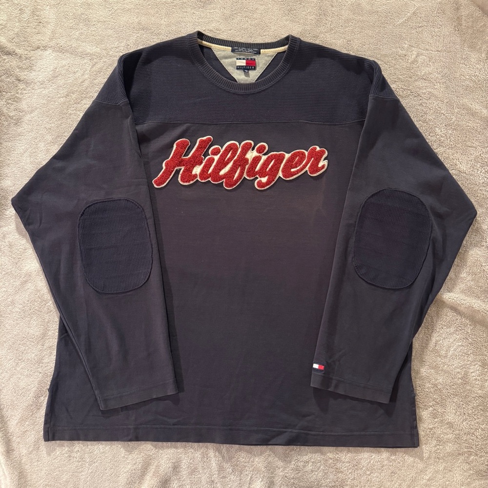 Vintage 1990s Y2K Tommy Hilfiger Navy Sweatshirt Red Script Logo Elbow Patches